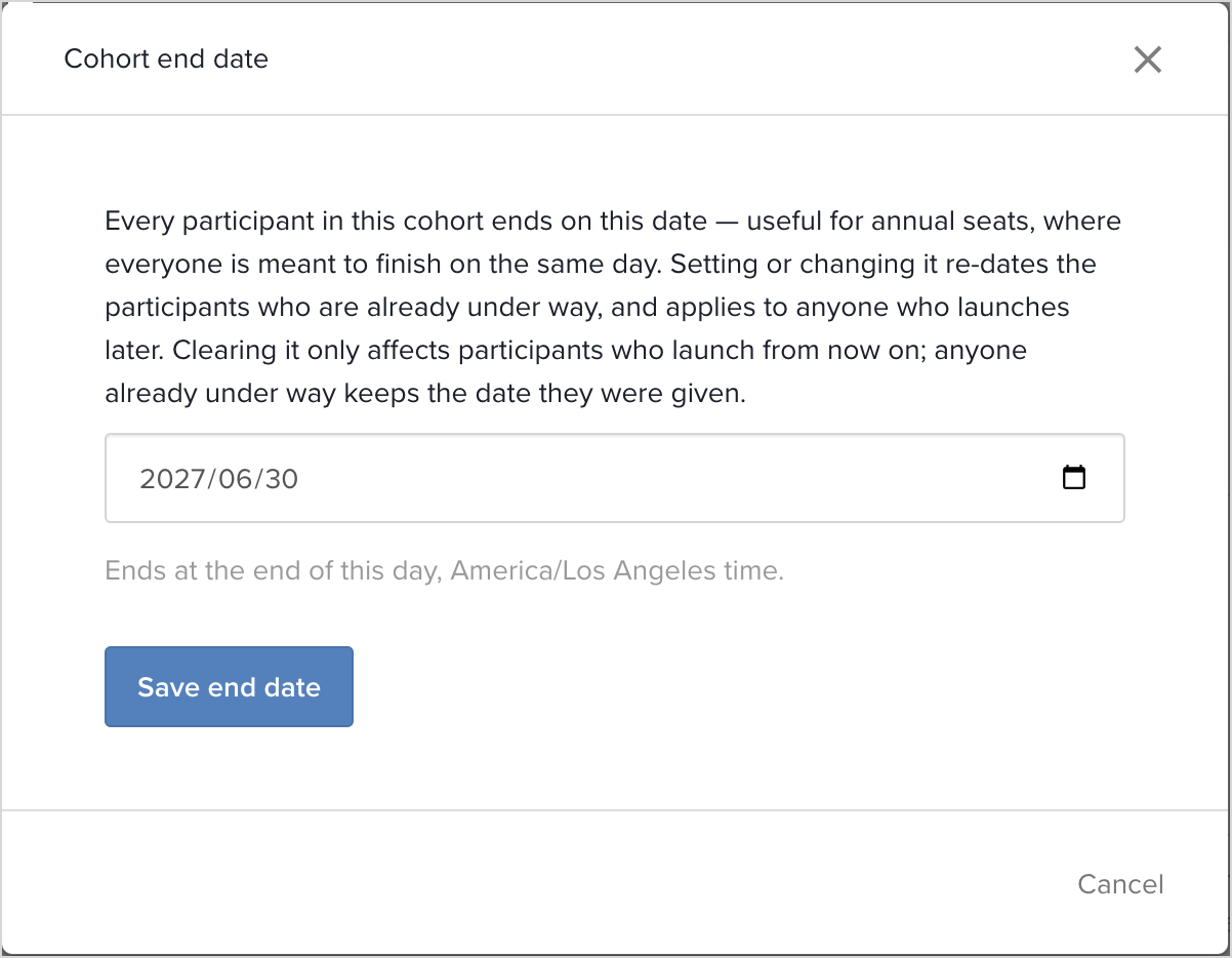 Cohort end date dialog with a date entered and a Save end date button