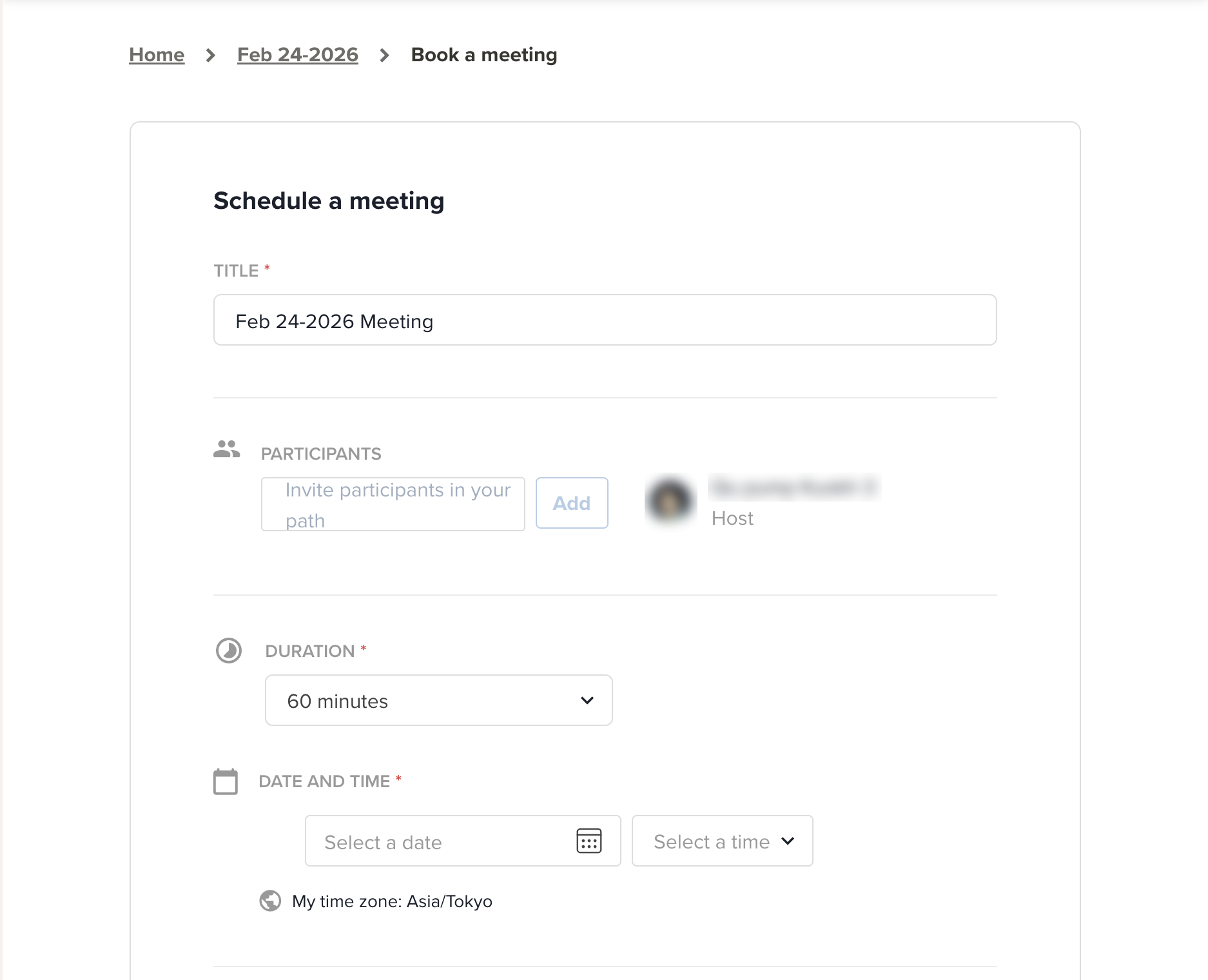Schedule a meeting form with only the coach on the roster as host